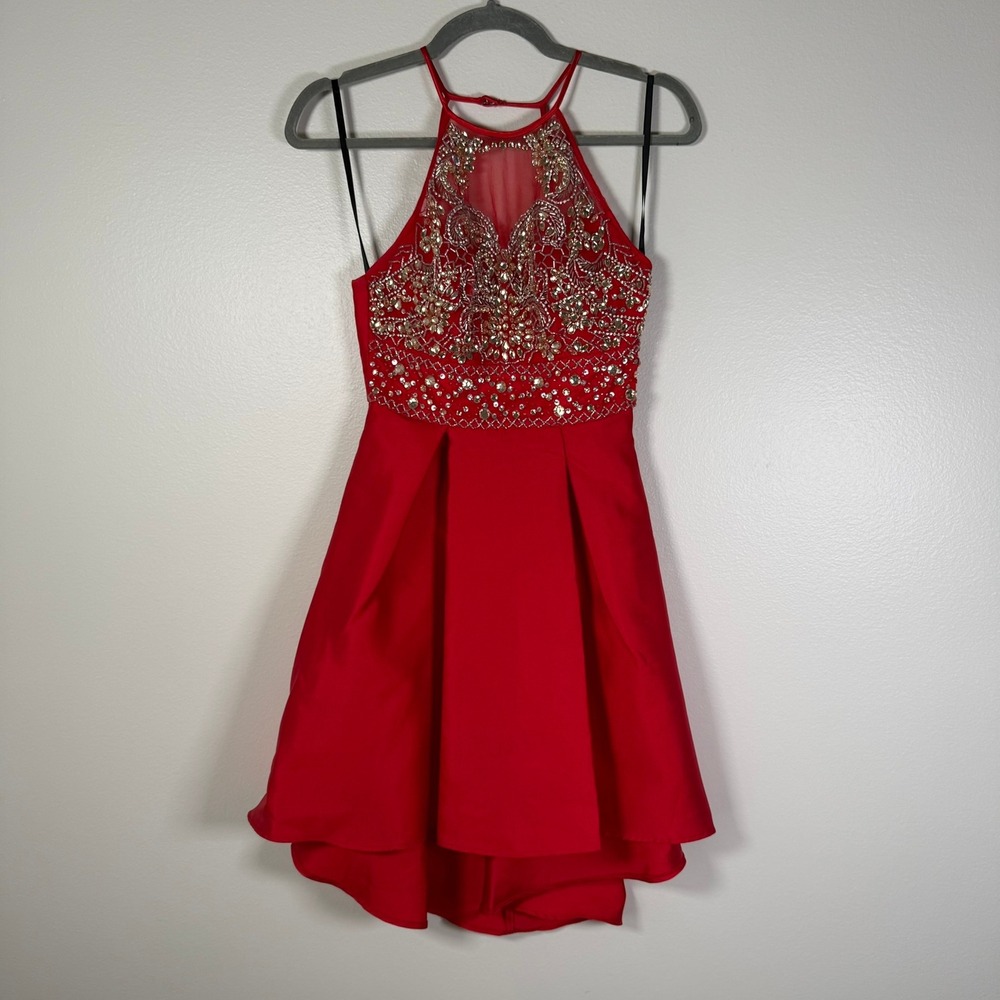 Say Yes to the Dress Cocktail Dress 0 Red Beaded Halter High Low Formal TLC